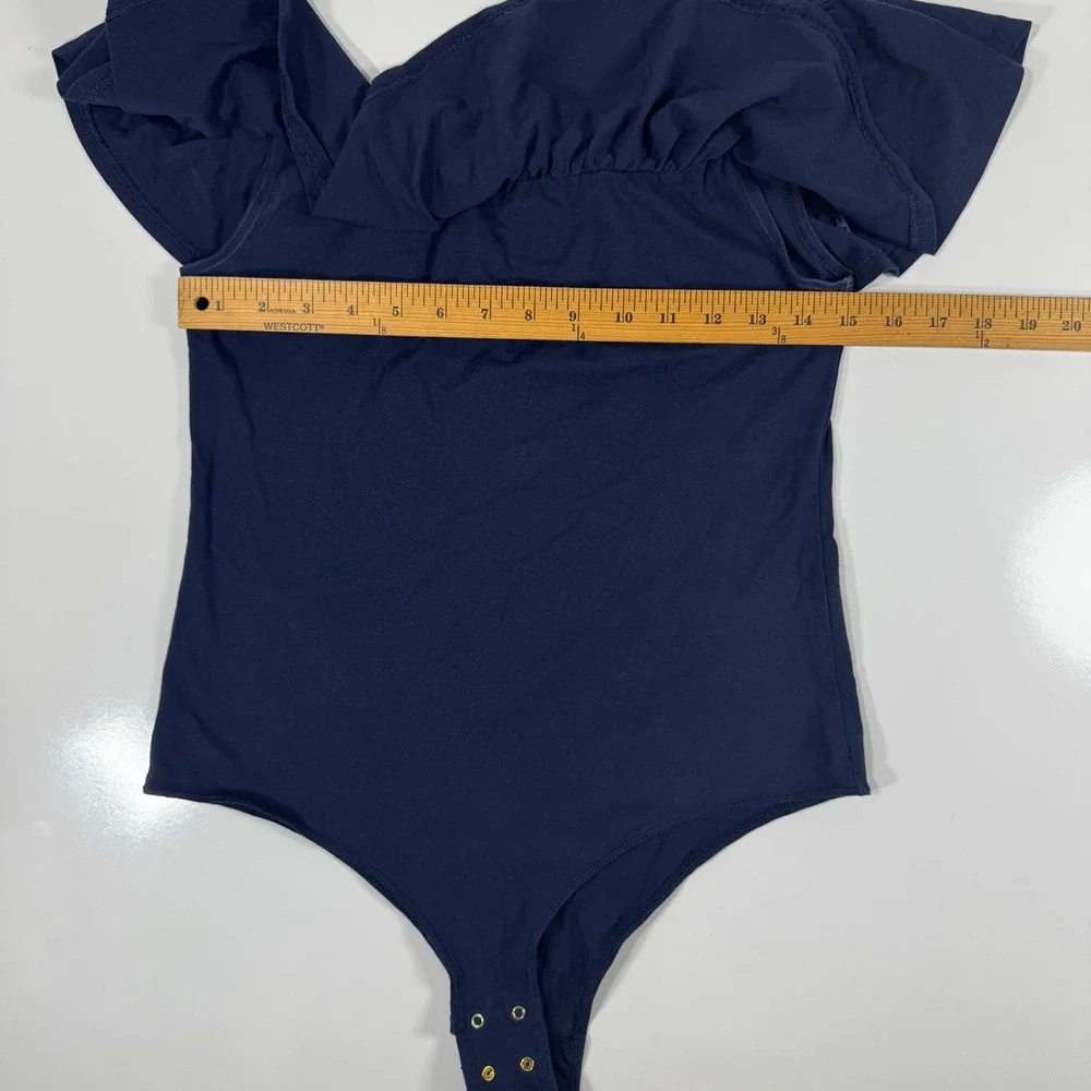 J. Crew Ruffle Off Shoulder‎ Bodysuit Navy Blue Stretch Cotton Blend Large